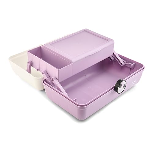Image of Caboodles School Spirit On-The-Go Girl Makeup Box, White Over Lavender, Hard Plastic Makeup Organizer Box, Built-In Mirror, Secure Latch for Safe Travel, Spacious Storage for Large Items