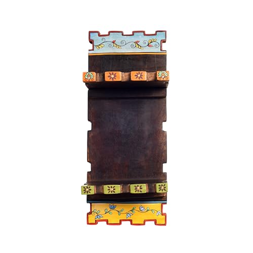 Image of AAKRITI ART CREATIONS Hand-Painted Brown Wooden Wall Magazine Holder | Decorative Storage Organizer, Floral Art, Matte Finish | Wall Mount Shelf for Home