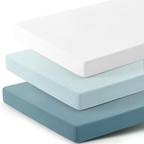 Image of GRSSDER Mini Crib Sheets Fitted, Pack and Play Sheets 3 Pack, Ultra Soft Stretchy Pack N Play Sheets, Universal Fit for Playard Mattress, Jersey Crib Sheets Neutral for Boys and Girls, Blue