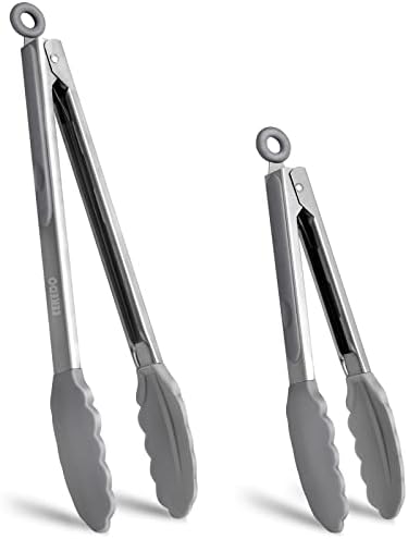 EEKEDO Kitchen Tongs, Stainless Steel Silicone Tongs for Cooking 600ºF High Heat-Resistant BBQ Grilling Locking Tongs, Set of 2-9" and 12" Grey