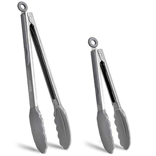 Eekedo Kitchen Tongs, Stainless Steel Silicone Tongs For Cooking 600ºf High Heat-Resistant Bbq Grilling Locking Tongs, Set Of 2-9" And 12" Grey #TOP2