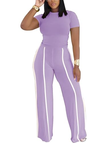 Ulovmi Womens Two Piece Outfit Slim Fit Top Wide Leg Pants Striped Tracksuit Loungewear Casual Outfit Set-Light Purple-L