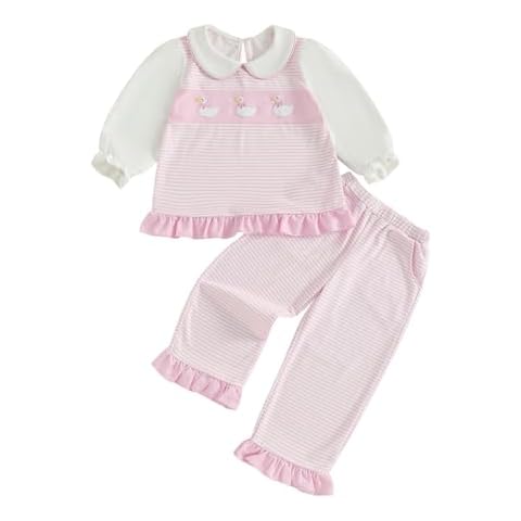 Yuufuniy Toddler Baby Girl Fall Winter Outfits Silly Goose Long Sleeve Smocked Striped Peter Pan Collar Top And Pants Set (Pink, 12-18 Months) Cover