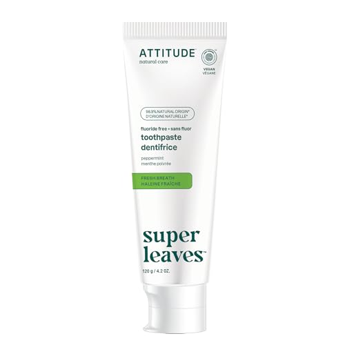 ATTITUDE Fluoride-Free Toothpaste, Plant- and Mineral-Based Ingredients, Vegan, Sugar-Free, Fresh Breath, Peppermint, 120 Grams
