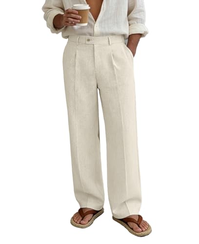 Susclude Wide Leg Linen Pants Men Baggy Pleated Dress Pants