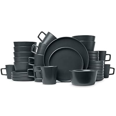 Durable 32 Piece Round Ceramic Stoneware Dinnerware Set For 8, Rustic Speckled Collection | Unique Lipped Rim Design On Plates Microwave & Dishwasher Safe | Modern Appearance, Dark Grey Shade