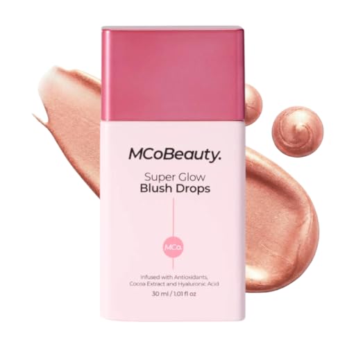 MCoBeauty - Super Glow Blush Drops - Highlighter Makeup - Shimmer Formula with Hyaluronic Acid, White Tea Extract, Cocoa Extract and More - Peachy Pink Shade Blush for Cheeks