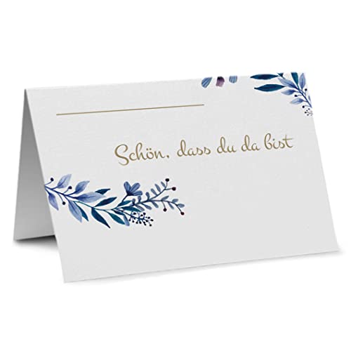 Partycards 50 Tischkarten/Platzkarten DIN A7 für Hochzeit, Geburtstag, Kommunion, Taufe (DIN A7, Blätter Blau) Cover