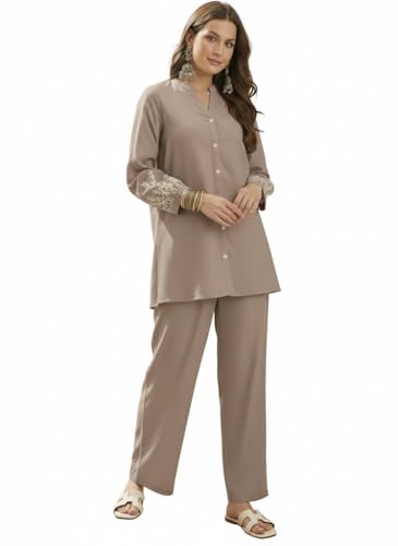 Image of SHEINZY Elegant Embroidered Sleeve Co-Ord Set for Women | Comfortable Silk Blend V-Neck Button-Down Top Matching Pants | Stylish Casual Ethnic Wear