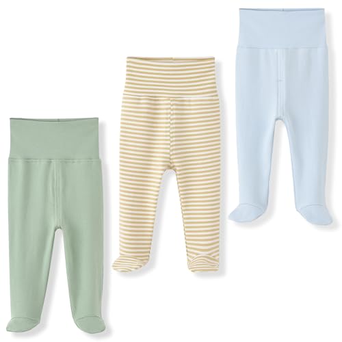 Image of ACESTAR Newborn Infant Baby Boys Girls Cotton High Waist Footed Pants Casual Leggings with Feet 0-12 Months 3-PACK/1-PACK