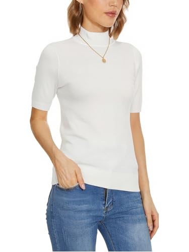 Image of Women's Short Sleeve Sweater Dressy Shirt Mock Neck Turtleneck Pullover Tops Knit Tee White M