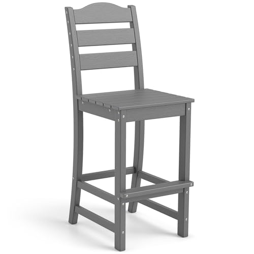 Image of Tangkula Patio HDPE Barstool, Outdoor High Top Bar Chair w /Backrest & Footrest, All-Weather Wood-Plastic Bar Height Chair for Poolside, Backyard, Porch (1, Grey)