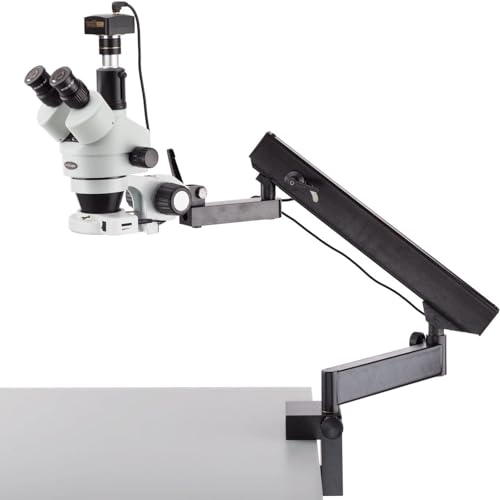 Image of AmScope SM-6TPZ-64S-5M Digital Professional Trinocular Stereo Zoom Microscope with Simultaneous Focus Control, WH10x Eyepieces, 3.5X-90X Magnification, 0.7X-4.5X Zoom Objective, 64-Bulb LED Ring Light, Clamping Articulating Arm Stand, 110V-240V, Includes 0.5X and 2.0X Barlow Lenses and 5MP Camera with Reduction Lens and Software