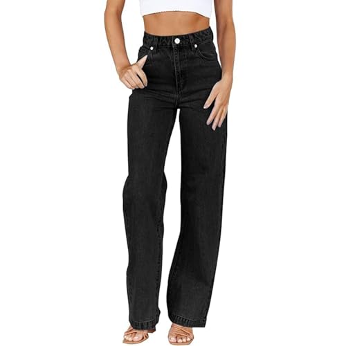 Baggy Jeans Damen High Waist Mom Fit Wide Leg Jeanshosen Straight Leg Freizeithose Bequeme Loose Fit Breite Jeans Locker Hosen Mit Taschen Boyfriend Denimhose Y2K Stretch-Hose