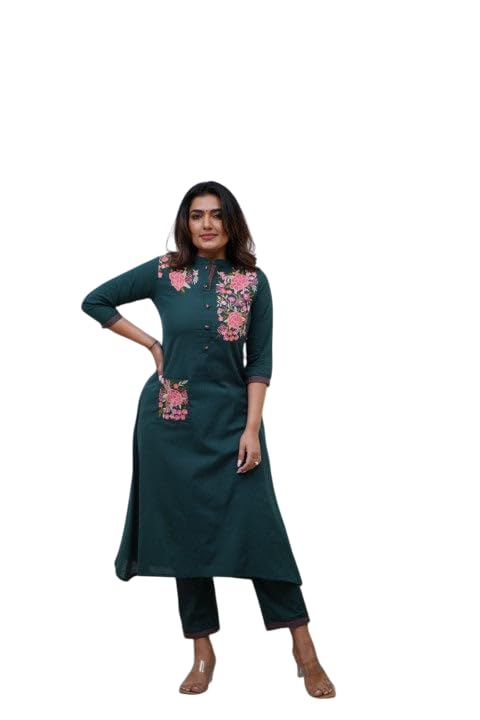 EKRAFT Bharat Women's Cotton Printed Straight Kurti with Pant (Teal Blue-L)-image-22
