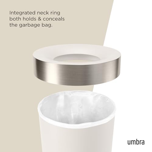 Image of Umbra Vento Kitchen Trash Can, Open Top Bin, 16.5 Gallon, Sand /Nickel | Brushed metal accents, bag concealing design, easy wipe clean, fits home and office, durable plastic