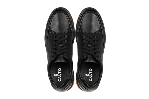 Image of CALTO Men's Invisible Height Increasing Elevator Shoes - Noir /Black & Gum Sole Premium Leather Leather Lace-up Fashion Sneakers - 2.6 Inches Taller - Y7931 - Size 10 D(M) US