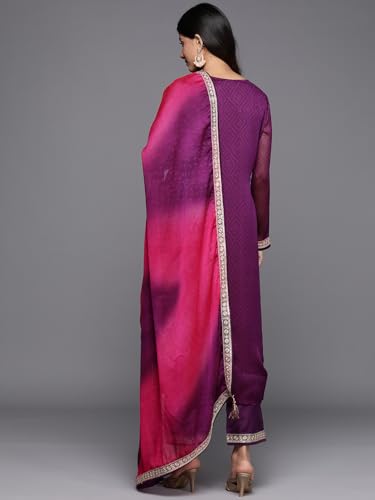 Image of Libas Womens Printed Chiffon Straight Kurta With Trousers and Dupatta | daily wear suit