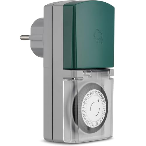GAO Zeitschaltuhr Aussenbereich EMT450 Mechanische Tageszeitschaltuhr Steckdose Outdoor mit Kindersicherung & Schutzabdeckung, IP44 grün/grau TÜV/GS-Zeichen