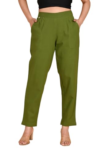 Image of Women's Solid Straight Fit 100% Cotton Trousers | High Waist, Side Pockets, Ankle Length Pants for Office, Casual