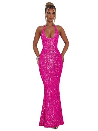 POMUYOO Hot Pink Sequin Prom Dresses Halter Sparkly...