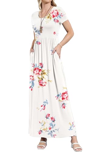 Image of EUOVMY Women's Short Sleeve Loose Plain Maxi Dresses Casual Vacation Long Dresses with Pockets