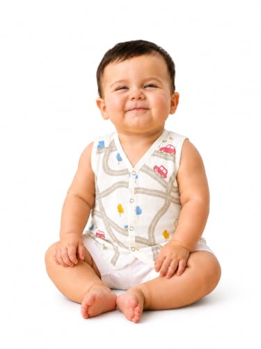 Image of Kidbea Bamboo Muslin Jhabla for Newborn Baby, V-Neck Sleeveless Button Jhabla Shirt, Soft Breathable Infant Kids Clothing for Summer Wear