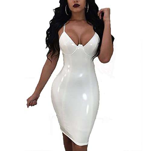 VCXZ Frauen Latex Catsuit Bodycon Kleid Sexy Bodycon Dessous Kunstleder Verband,Weiß,L