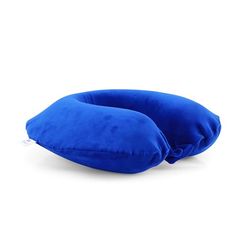 Image of Memoir MEMORY FOAM U-NECK TRAVEL PILLOW Neck Support, Color Blue Round Shape Travel in Aeroplane | Car | Train | Bus, for Men and Women, Soft Velvet Cover, Durable Long Lasting, Skin Friendly