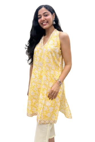 Image of GOODHAND Chic Cotton Halter Kurti with Timeless Block printsPerfect for Casual outings or Festive Flair-Where Traditional Charm Meets Modern Silhouette