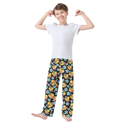ZZXXB Hibiscus Florals Pattern Boys Long Pants Soft Trousers Elastic Waist Kids Lounge Bottoms with Pockets S-XL2
