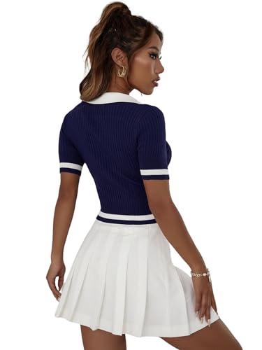 Verdusa Women'S Polo Collar Colorblock Short Sleeve Ribbed Crop Knit Top School Shirt Navy Blue M thumb #1