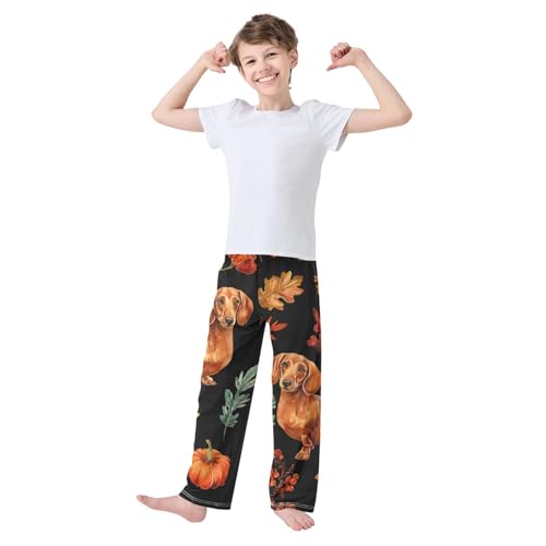 ZZXXB Autumn Dachshund Maple Leaves Boys Long Pants Soft Trousers Elastic Waist Kids Lounge Bottoms with Pockets S-XL3
