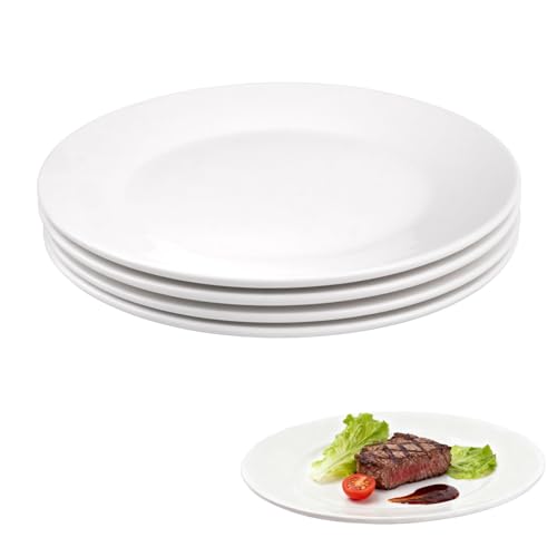 Velicber Juego de 4 Platos de Cerámica Blanca, 25 cm Platos Llanos, Platos de Cena para Aperitivos, Sushi, Pasteles, Postres, Lavavajillas y Microondas, Blanco
