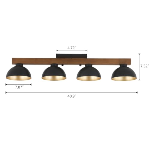4-Light Large Rustic Farmhouse Track Flush Mount Ceiling Light Fixture Black and Gold Metal Dome and Oak Wood Rail Semi Flush Mount Ceiling Light for Kitchen Living Room Bedroom Indoor, Black by Zvisylon - Used condition - Image 4