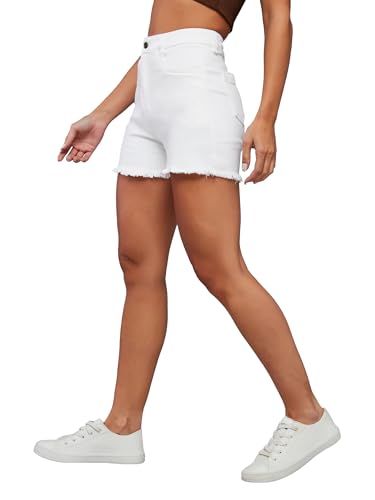 Image of Dolce Crudo Women's Relaxed Fit Mid-Rise Denim Shorts with Adjustable Waist & Frayed Hem
