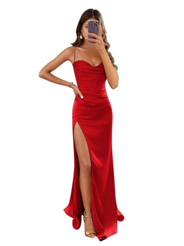Image of Women's Mermaid Prom Dress with Slit Satin Bridesmaid Dresses Long Corset Evening Formal Party Gown
