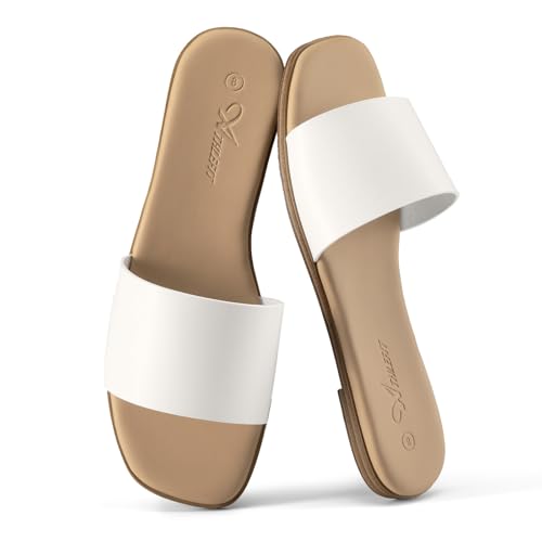Image of Athlefit Flat Sandals Women Dressy Square Toe Raffia Summer Slide Sandals