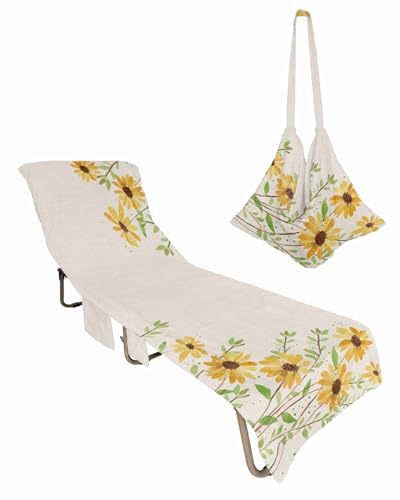 Daisy Flower Beach Chair Towel Covers for Chaise Lounge with Side Pocket, Soft Plush Pool Towels Cover for Patio Sunbathing Outdoor 29''x85'' Vintage Yellow Flower Green leaves