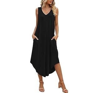 SUNDELL Women’s Summer Dress Sleeveless Maxi Dresses Casual V Neck Loose Midi Dresses with Pockets