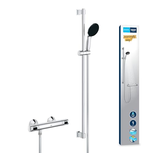 GROHE Precision Flow Duschset mit Thermostat wassersparend 8l pro Min (Duscharmatur hält Temperatur konstant Duschkopf 1 Strahlart 175cm Schlauch Duschstange 90cm 3in1 Werkzeug) chrom 34805001