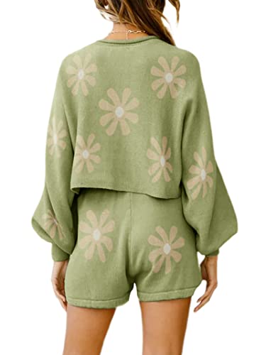 Ekouaer Knit Lounge Sets For Women Floral Print Sweater Set For Women Crewneck Long Puff Sleeve Pajama Set For Casual Travel Floral Green L #TOP3