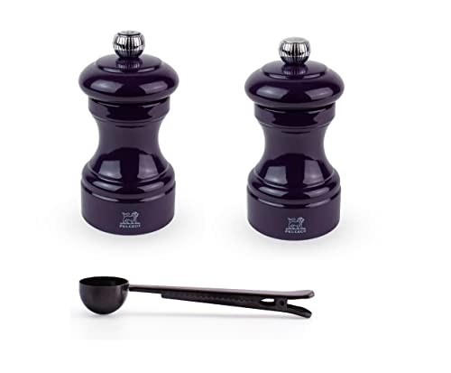 Peugeot Bistro Manual Salt & Pepper Mill Gift Set, Gloss Painted Wood, 10 cm - 4?- With Stainless Steel Spice Scoop/Bag Clip (Eggplant Lacquer)