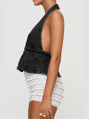 Mylleure Y2k Halter Denim Vest for Women Sexy Sleeveless Backless Tie Back Jean Vest Deep V Neck Peplum Tank Top Streetwear3