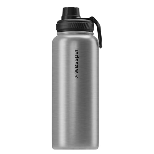 Wessper Botella Agua Acero Inoxidable 1L Botella Termica Sin BPA con 3 Tapones | Plata Elegante Botella Resistencia al Rayado, fácil de Limpiar | Termo Agua Fria/Caliente para Niños Adultos