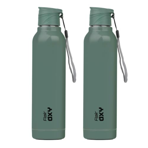 Image of FLAIR Oxy 900 Stainless Steel Water Bottle Set of 2 (650 ml Each), Green, Hot & Cold, Leakproof, BPA-Free, ISI Certified, Stainless Steel Bottle for Office, Gym, Travel, Trekking & Outdoor Sports