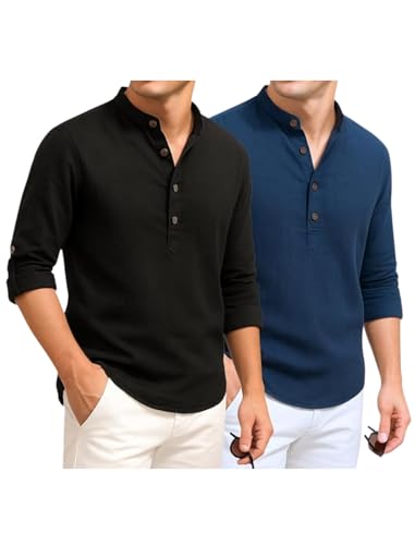 Image of DEEMOON Combo of Men's Cotton Blend Solid Regular Fit Full Sleeve Short Kurta | Men's Trendy Short Kurta Pack of 2 (Available in Plus Size & Combo Packs)