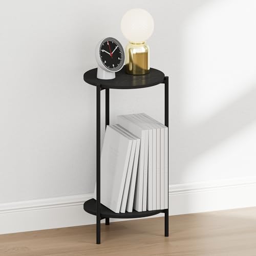 Furinno BESI Night Stand, 2-Tier Tall Round Nightstand, Metal Frame Narrow End Table with Open Shelf, Side Table, Bedside Table, for Bedroom, Closet, Dorm, Americano - image 2
