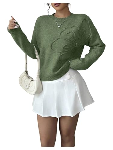 Image of RoseSeek Women's 3D Floral Appliques Crewneck Sweaters Long Sleeve Drop Shoulder Pullovers Elegant Knit Tops