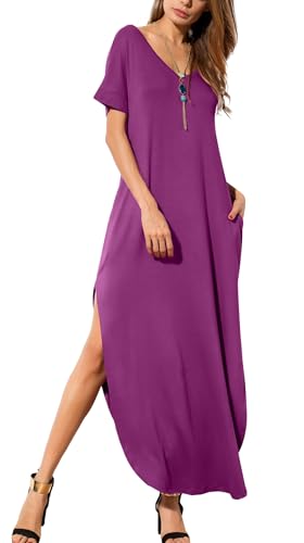 Image of GRECERELLE Women's Summer Maxi Dress Casual Loose V Neck Short Sleeve Side Split Long Dresses with Functional Pockets
